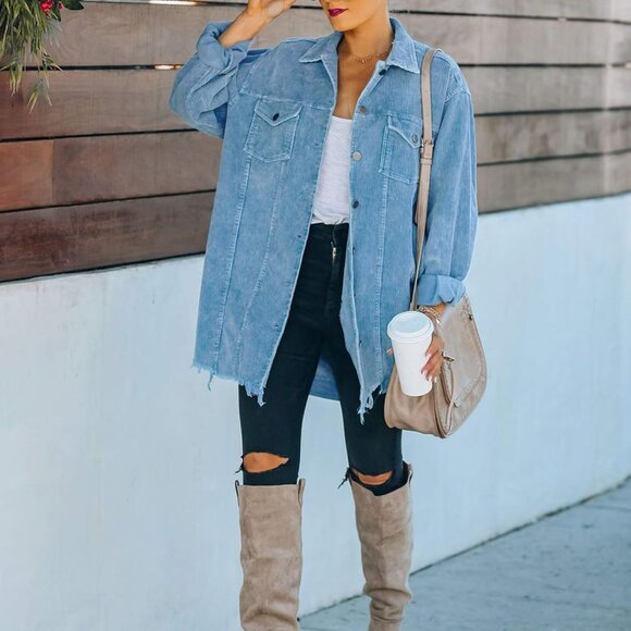 Womens Blue Oversized Corduroy Shirt Jacket Casual Button Down Retro - Picture 5 of 5
